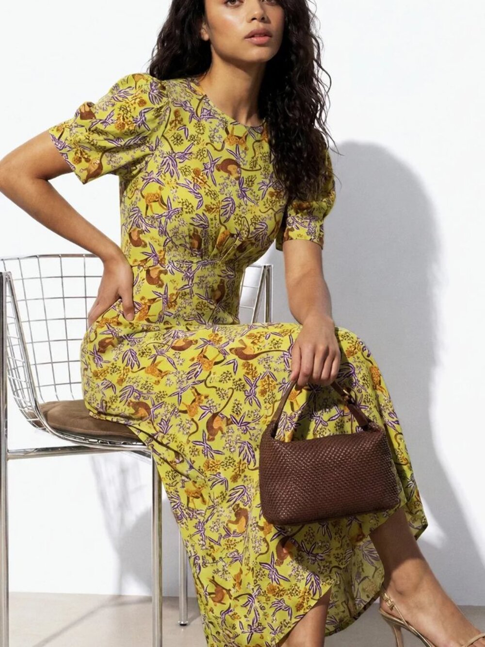 Saloni Bianca Yellow Boho Floral Monkey Printed 100% Silk Dress - Size 12